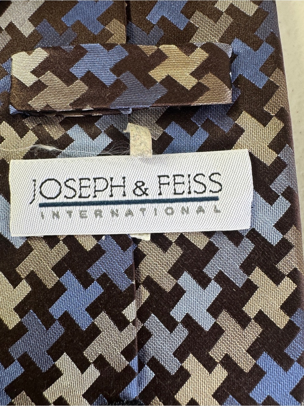 Joseph & Feiss Silk Tie Brown Blue Geometric Print Business Classic Jacquard - Picture 7 of 13